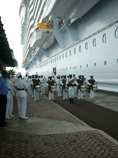 Marching Military Band Greet Bahamian Flagged Cruise Ship